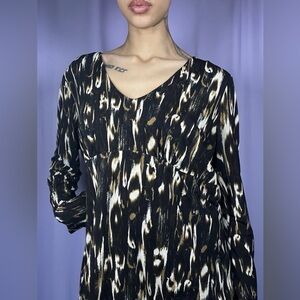 Dana Buchman Brown Abstract Long Sleeve Blouse Women Size L Y2K Glam V-neck Boho
